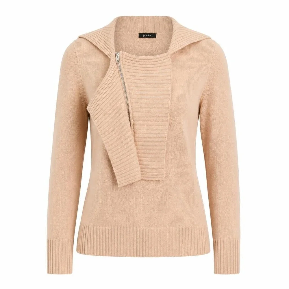 J Crew Sweater Womens M Pink Dream Asymmetrical Ruffle Zip Cashmere Wool Blend